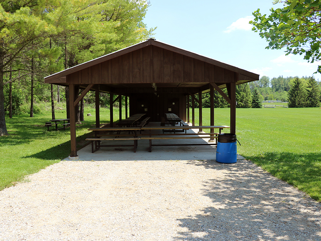 Wooden picnic pavilion at Dan Patterson Conservation Area during the summer.